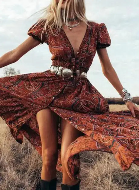 TEELYNN boho long dress Vintage 2023 floral print Chiffon three quarter sleeve v-neck summer Gypsy Hippie women dresses vestidos - Lootquake
