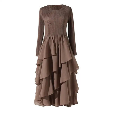 LANMREM Elegant Pleated Long Dress For Women Round Neck Long Sleeves Ruffles A-line Dresses Fashion 2025 Spring New 32C2026 - Lootquake