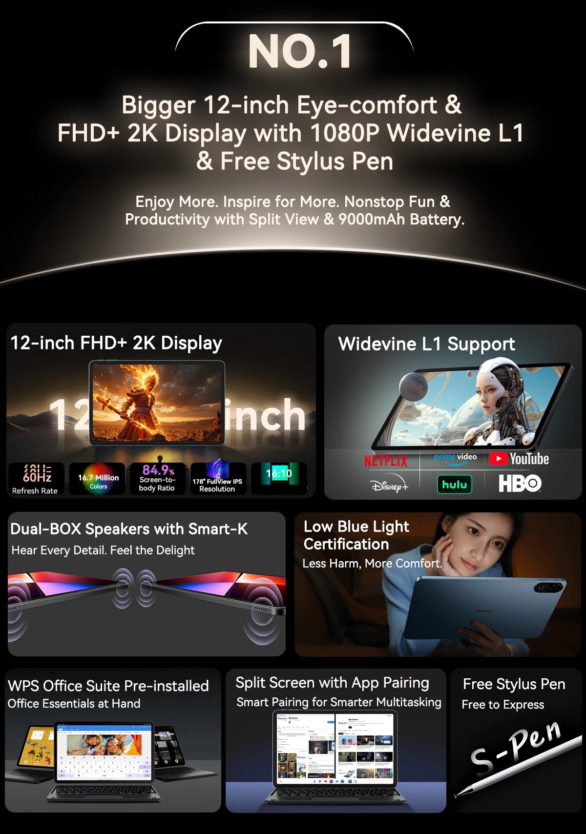 Tablettes Blackview MEGA 2 12 pouces 2K écran Widevine L1 24 Go (8 + 16) Android 15 256 Go 9000 mAh AI caméra principale Pad PC