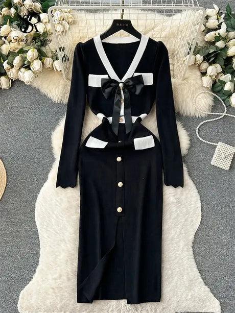 SINGREINY Office Lady Sweater Long Dress 2023 Bow Single Breasted Elastic Split Women Autumn Dress Fashion Senior Knitted Dress - Lootquake
