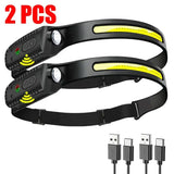 Linterna frontal con sensor LED, linterna frontal recargable, batería integrada, 5 modos de iluminación, para pesca y camping.