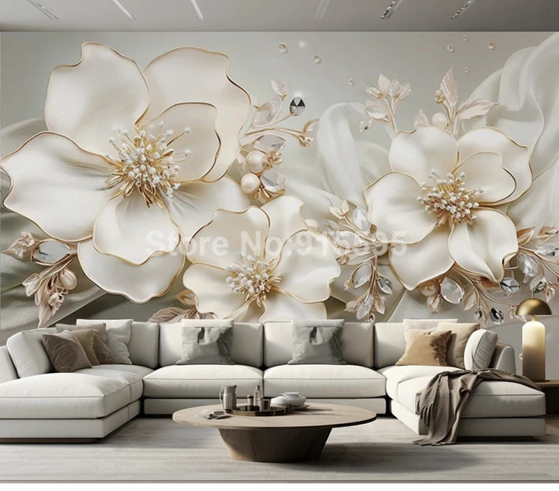 Custom Large Size Modern Wallpaper 3D Embossed Flowers Jewelry Mural Paper TV Background Wall Living Room Decor Home Improvement