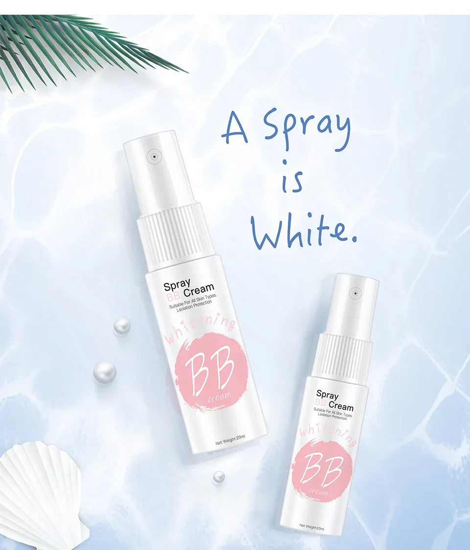 Crema BB en spray de 20 ml para base de maquillaje, blanqueadora, hidratante, antiadherente, iluminadora y corporal.
