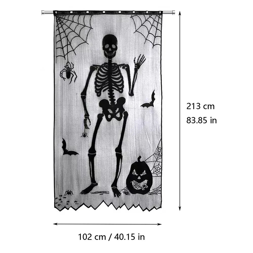 Halloween Window Decorations Halloween Door Curtain Skeleton & Bat Black Lace Panel for Haunted House Decor