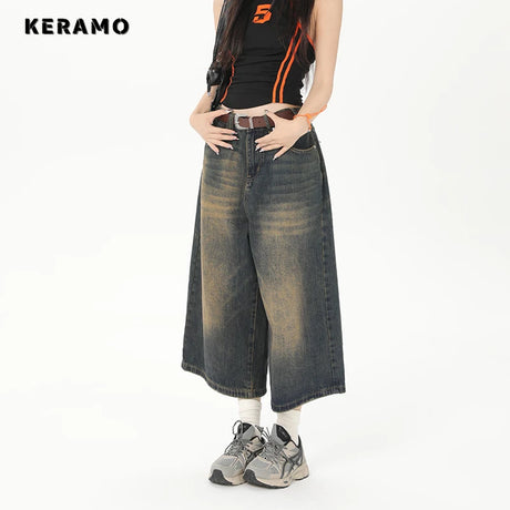 Vintage Streetwear Women Jeans 2024 Summer Loose Male Wide Leg Knee Length Shorts Men's Oversize Fashion Denim Trouser Pants Y2K - Lootquake