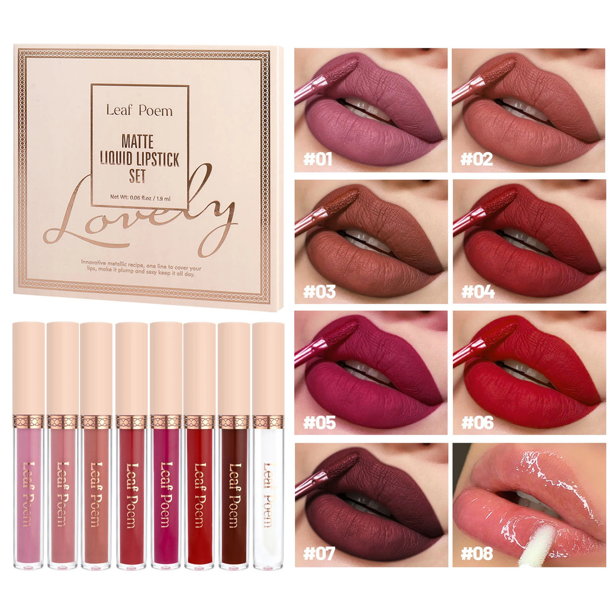 8 piezas de lápiz labial líquido mate, brillo de labios - resistente al agua, antiadherente, brillo de labios de larga duración, tonos marrón, rosa, morado y rojo, adecuado para el Día de San Valentín, diario, fiestas, viajes