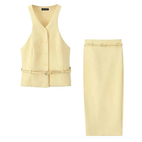Kar&Otza 2024 new women's stylish dress with belt V-neck sleeveless top slim fit and slimming half skirt two-piece set - Lootquake