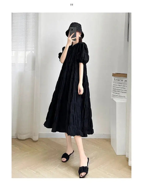 2025 Summer Maternity Pleated Dress Solid Color Loose Pregnant Woman Long Dress Short Sleeve Plus Size Pregnancy Ball Gown Dress - Lootquake