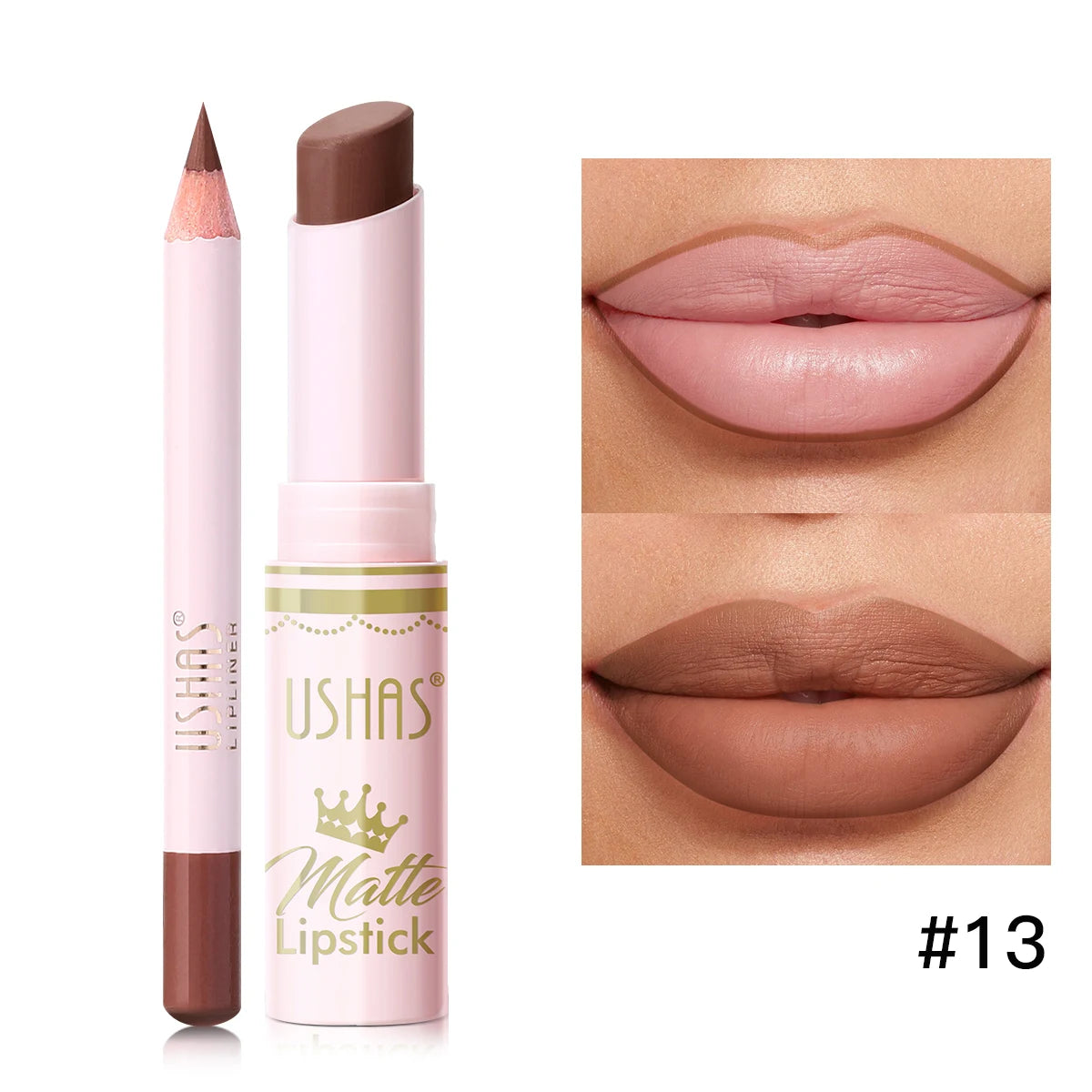 USHAS,Lipstick + lip liner set, matte finish, waterproof, long-lasting and non-staining, velvet nude lip gloss