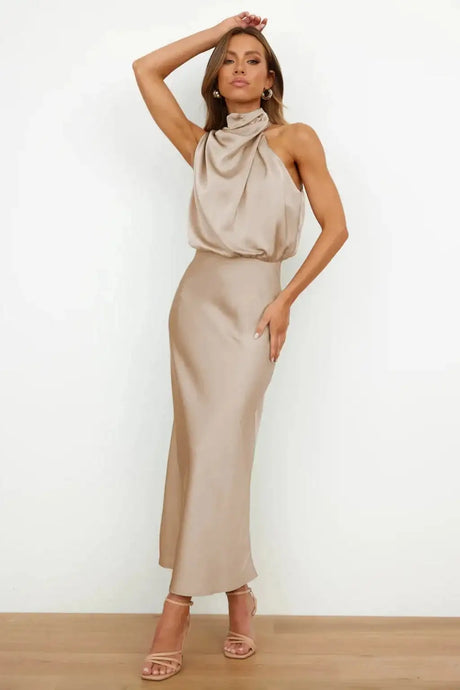 Summer High-End Silk Satin Sleeveless Long Dress Women Fashion Elegant Celebrity Dresses Evening Dress Party Clothes Ladies - Lootquake