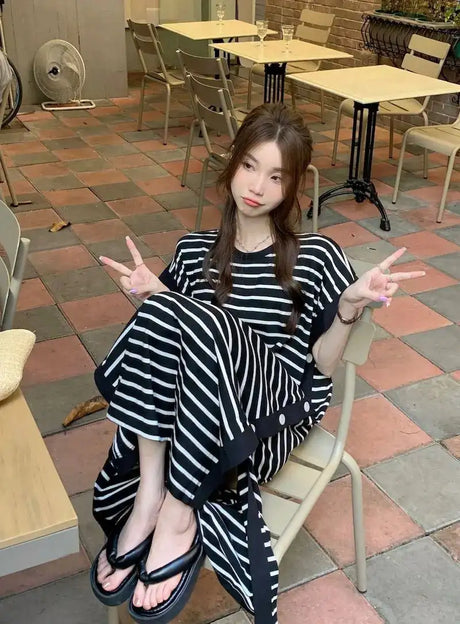 2024 New Casual Korean Striped O-neck Short Sleeve Long Dress Ladies Simplicity Patchwork Loose Tshirt Dress Women Clothing - Lootquake