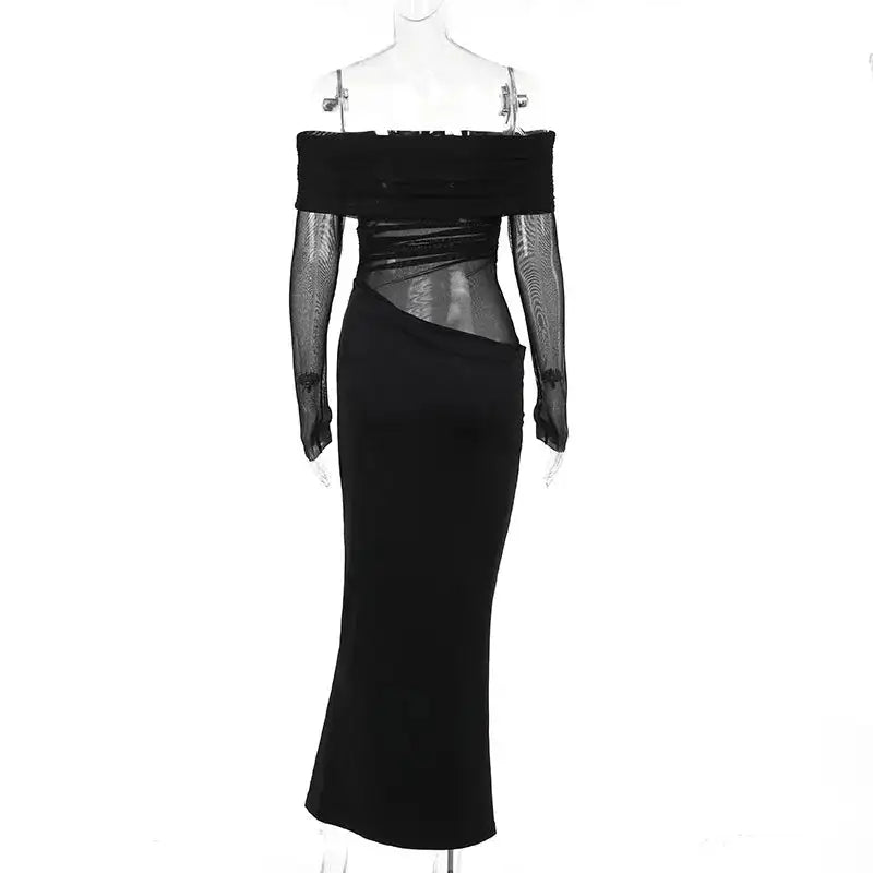 BOOFEENAA Vestido largo negro de malla transparente con patchwork, otoño 2024, sexy, elegante, con hombros descubiertos, manga larga, cortes, C66-EZ33