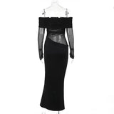 BOOFEENAA Vestido largo negro de malla transparente con patchwork, otoño 2024, sexy, elegante, con hombros descubiertos, manga larga, cortes, C66-EZ33