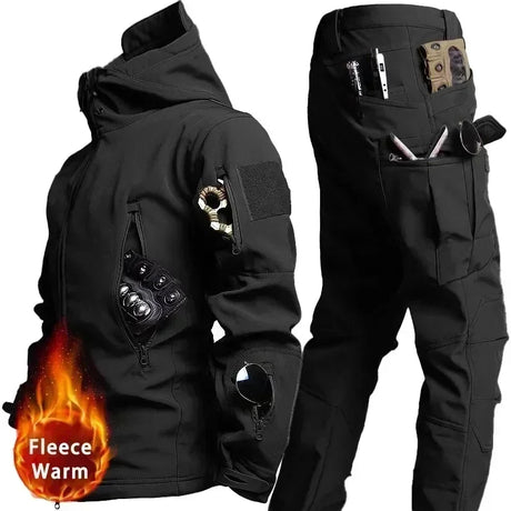 Camo Winter Tactical Sets Men Shark Skin Soft Shell Hooded Jacket+Multi-pocket Straight Cargo Pant 2Pcs Suits Waterproof Set - Lootquake
