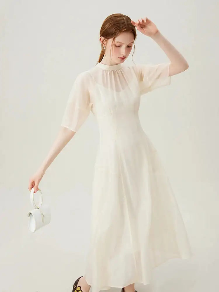 FSLE Women Long Dress Summer Temperament Two Piece Beige Dress Lyocell Short Sleeve Dress+Sleeveless Vest Dress Suit 24FS12929 - Lootquake