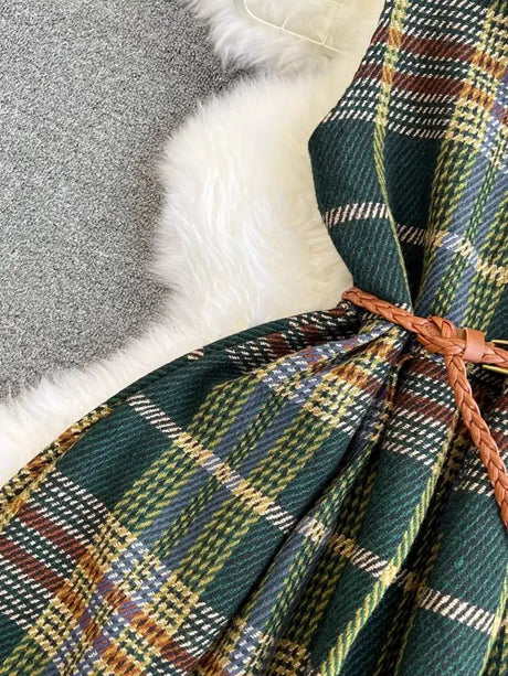 Autumn Winter Plaid Woolen Dress Women Vintage V Neck Sleeveless Long Dress With Belt Streetwear Sundress - Lootquake