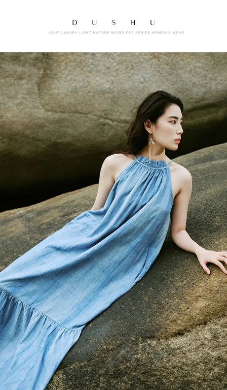DUSHU Sleeveless Women Long Dress Holiday Style 2024 Summer Strappy Mid-Calf Dress Sashes Decoration Female Dresses 24DS82821 - Lootquake