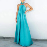 Women Dresses Solid Color Off Shoulder Backless Long Dress Neck Straps A-Line Beach Large Hem Dress Feminine Clothing - Lootquake