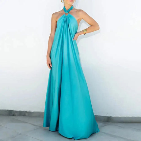 Women Dresses Solid Color Off Shoulder Backless Long Dress Neck Straps A-Line Beach Large Hem Dress Feminine Clothing - Lootquake