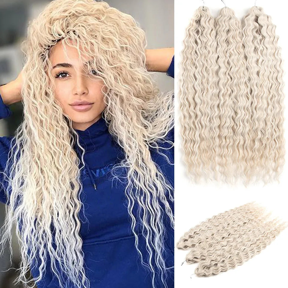 24" Water Wave Crochet Hair | Ombre Blonde Brown | Curly Twist Braids | Synthetic Braiding Hair Extensions | 60 Strands