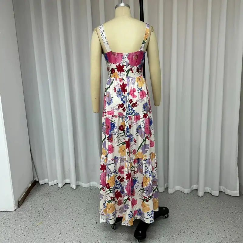 Ellafads Long Dress Women Summer Sweet Elegant Suspender Sleeveless Multicolor Printed Nipped Waist Evening Party Long Dresses - Lootquake