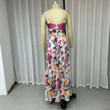 Ellafads Long Dress Women Summer Sweet Elegant Suspender Sleeveless Multicolor Printed Nipped Waist Evening Party Long Dresses - Lootquake
