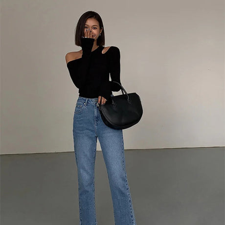 Fashion Skew Collar Off-shoulder Long-sleeved T-shirts Women Spring 2025 New Solid Slim Fit Crop Top Sexy Hollow Out Tees Shirts - Lootquake