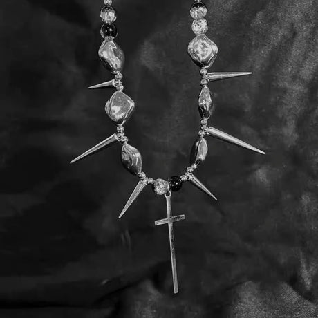Retro Y2K Long Spike Rivet Necklace Stainless Steel Cross Hip Hop Necklace for Women Vintage Grunge Style Party Jewelry - Lootquake