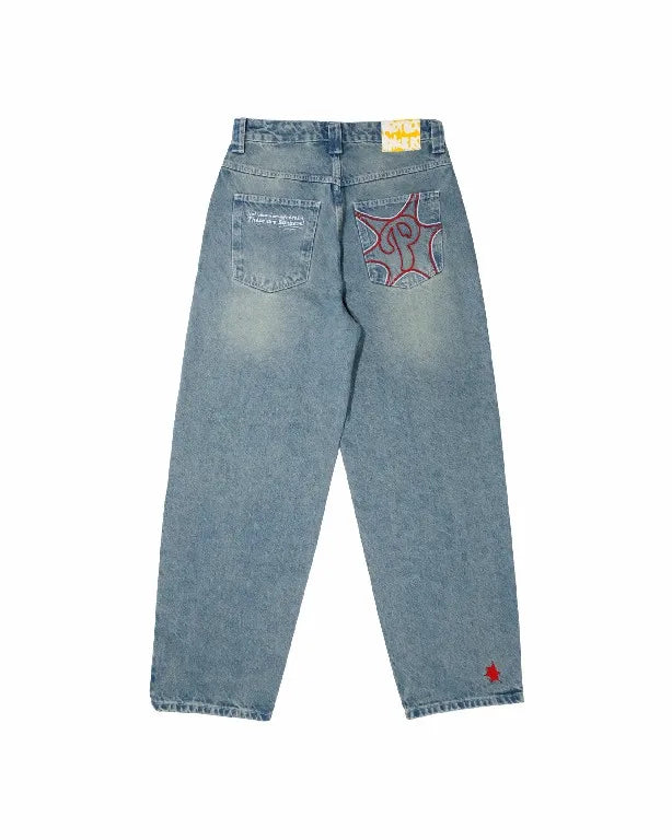 Streetwear Jeans Y2K Men Women Clothes Harajuku Hip Hop Letter Embroidered Vintage Blue Baggy Jeans High Waist Wide Leg Trousers - Lootquake