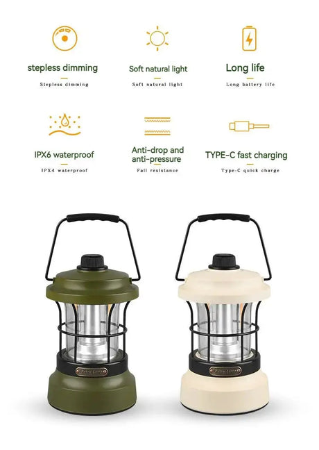 Retro Lamp Portable Camping Lantern USB Recharge Camping Tent Travel Light Vintage Outdoor Lighting Camping Equipment Flashlight - Lootquake