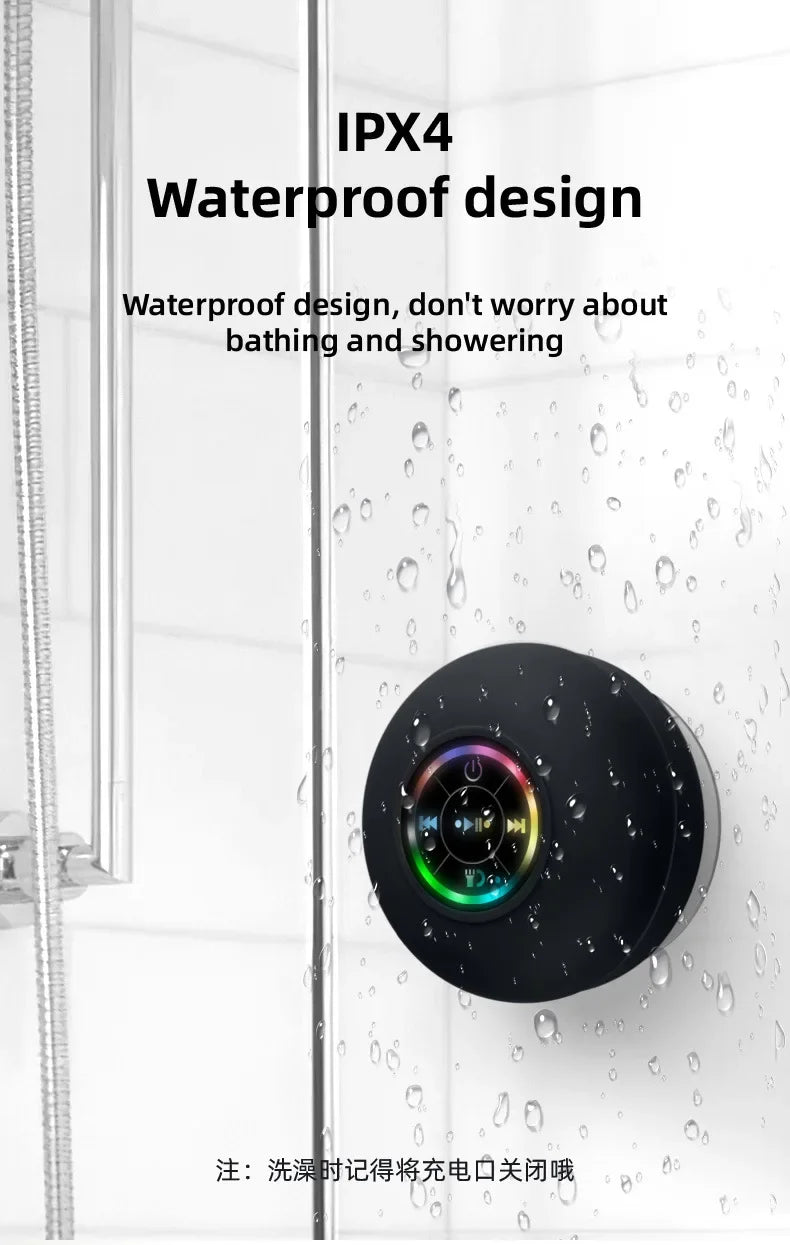 Nuevo altavoz inalámbrico LED Bluetooth impermeable para baño, minialtavoz portátil con ventosa grande, altavoz estéreo para deportes al aire libre