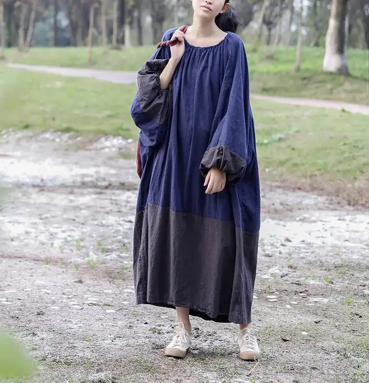Oversized Spring New Women Big Size Robe Dress Korea Casual Loose Ladies Pullover Cotton Linen Dresses Woman Blue Long Dress - Lootquake