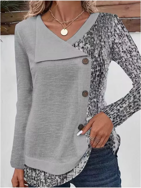 4 Color Blocked Button Long Sleeved Blouse Irregular Collar Women's Casual T-shirt Street Fashion Daily Autumn Top - Lootquake