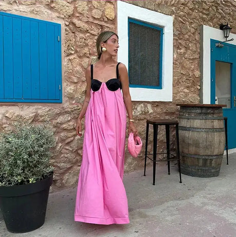 Sexy Backless Beach Dress Women 2024 Holiday Sleeveless Loose Slip  Long Dress Street Fashion Panelled Bandage Summer Lady Robe - Lootquake