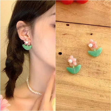 Kiss Jewelry Cute Sweet Flower Round Shape Pearl Rhinestone Stud Earrings for Women Tulip Floral Korean Fashion Earring Gift - Lootquake