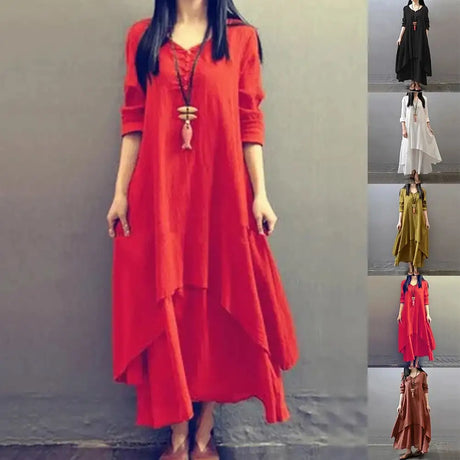 Women Elegant Linen White Dresses Bohemia Layering Vintage Robe Long Sleeve Loose Long Dress Female Autumn Vestidos - Lootquake