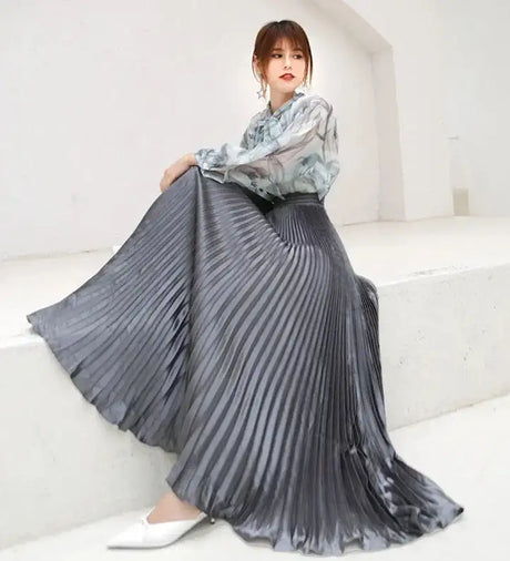 High-Waisted Vintage A- Line Accordion Skirt European Style Pleated Dress Metal Color Wide Hemline Long Dress For Women - Lootquake