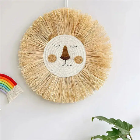Nordic Hand Woven Lion Wall Hanging Ornaments Cartoon Animal Head Straw Weaving Children Room Wall Decor Tent Party Decoration - Lootquake