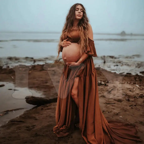 Maternity Dress For Photoshoot Pregnancy Off Shoulder Ruffled Semi Transparent Chiffon Long Dress Photography Dress For Women - Lootquake