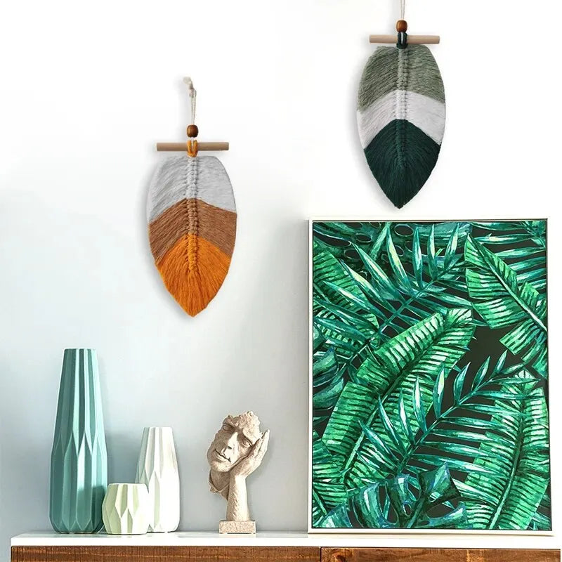 Bohemian Style Woven Leaves Hanging Wall Hanging Tapestry Set of 2 Home Decoration Cotton Thread Decorative Crafts Hangings