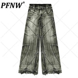 PFNW Spliced Design Washed Denim Jeans Men's Streetwear Fashion Straight Leg Denim Pants Hip Hop Trendy Trousers Spring 28W4634 - Lootquake