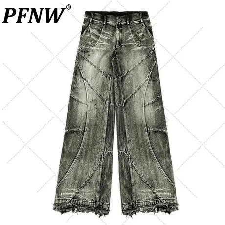 PFNW Spliced Design Washed Denim Jeans Men's Streetwear Fashion Straight Leg Denim Pants Hip Hop Trendy Trousers Spring 28W4634 - Lootquake