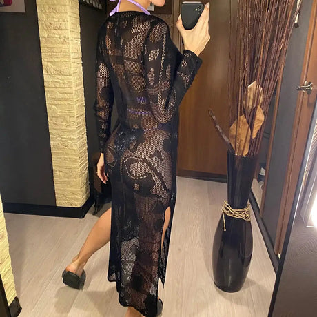 Deep V Dress Lace Up Long Sleeve Women Split Maxi Dress Crochet Knitted Tunic Mesh Sheer Sexy Bodycon Long Dress Vestido V4146B - Lootquake