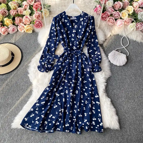 YuooMuoo Korean Fashion Cherry Print Women Dress 2025 New Spring Vintage Bandage Slim Waist Long Dress Elegant Party Vestidos - Lootquake