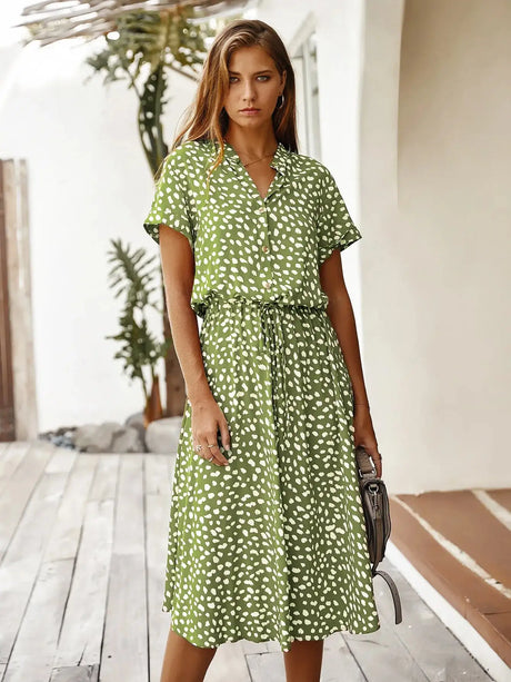 Vintage Floral Print Dress Women Boho Short Sleeve Long Dress Turn Down Collar Casual Waistband Shirt Dresses Robe 2021 Summer - Lootquake
