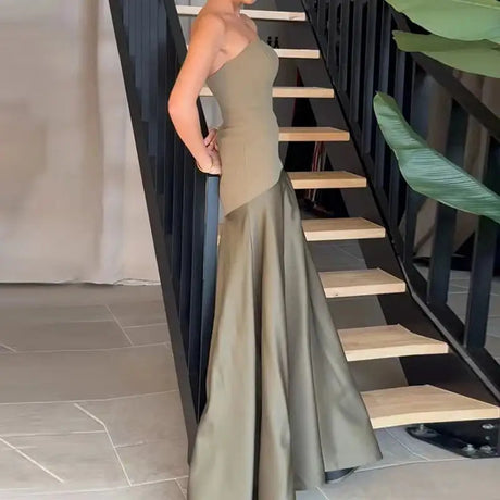 Casual Patchwork Pleated Robe Dresses Ladies Fashion Strapless High Waist Banquet Dress Sexy Hollow Off Shoulder Slim Long Dress - Lootquake