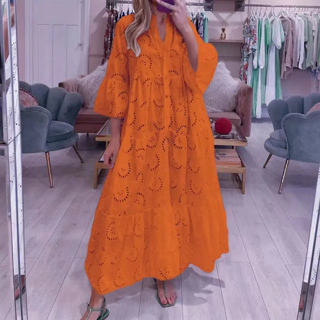 Fitshinling Cotton Long Dress Women Costume Flare Sleeve Slim A-Line Robe Fashion Hollow Out Lace Maxi Dresses Dance Wear - Lootquake