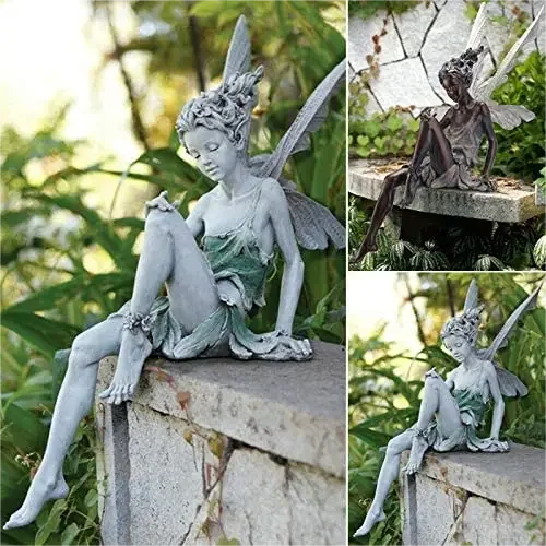 Escultura de hada de las flores para jardín, paisajismo, arte de patio, adorno de resina, estatua de Turek sentada, figuras de ángel para exteriores, decoración artesanal