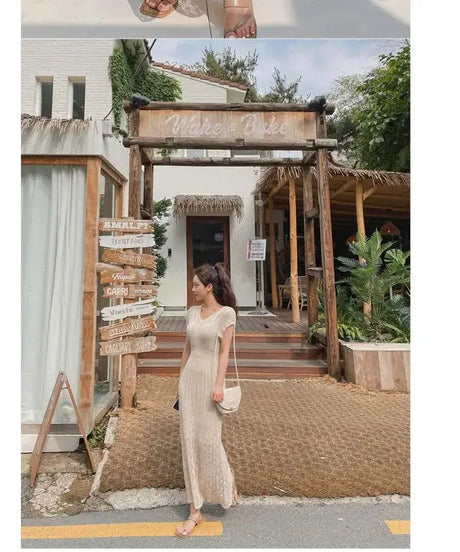 Summer High Quality Korean Simple Hollow Out Vest Knit Sweater Dress Women Japanese Gentle V-Neck Slim Elastic Knit Long Dress - Lootquake