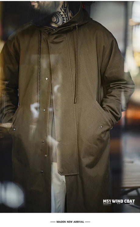 Maden Retro M51 Hooded Windbreaker Loose Fit Cotton Zipper Mid-length Jacket Versatile Solid Color Outerwear for Men's Autumn - Lootquake